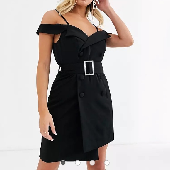 Lavish Alice Black Off the Shoulder Rhinestone Belted Mini Dress Size 4 - Picture 4 of 4